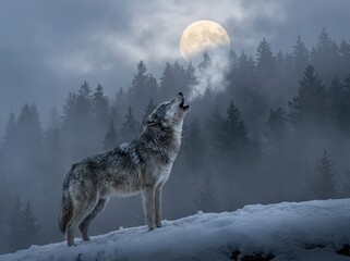 A majestic gray wolf dramatically howls at the glowing full moon, captured in a cold, mysterious wildlife photograph against a dense, foggy blue forest background.