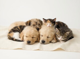 A peaceful, high-key studio shot captures a sweet pile of adorable puppies and kittens snuggled closely together while sleeping soundly on a soft, light-colored blanket.