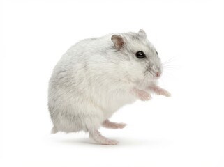 An adorable, fluffy white and gray dwarf hamster stands alertly on its hind legs, captured in a bright studio profile isolated on pure white.