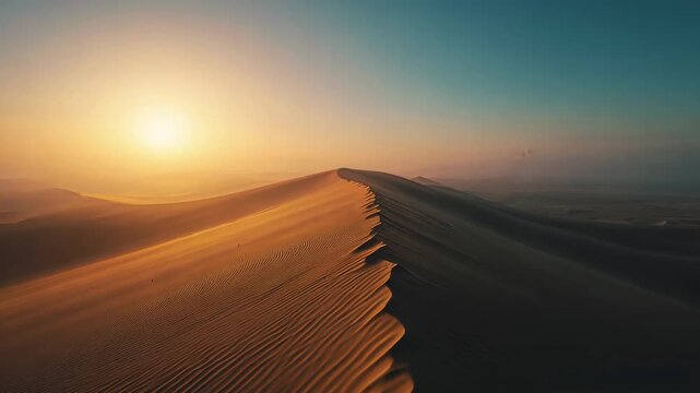 Following dune ridge, drone camera moving as wind lifting sand, revealing ripples and low sun