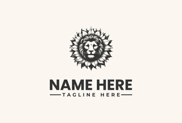 Black and white illustration of a lion's head logo with a sunburst design on a beige background, with a placeholder text for a company name and tagline.