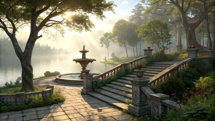 Stone pathway to lakeside fountain