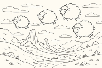 Naklejka premium Sheep Wool Clouds. Fantasy landscape where sheep wool clouds drift across pastel sky, first in line style with thin outline,