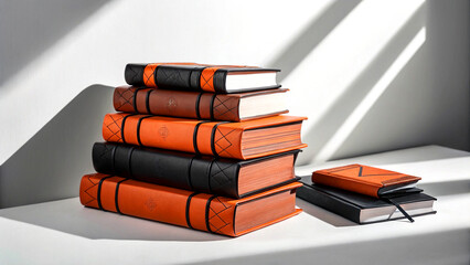 Stacked leather books in studio light