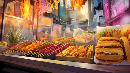 Vibrant street food market glows invitingly showcasing delicious grilled skewers and fresh vegetables