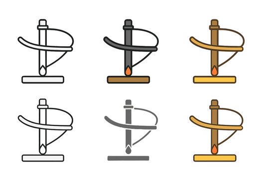 Friction Fire Drill Icons. Traditional friction fire drill setup with bow and glowing ember, abstract minimalist vector icon,