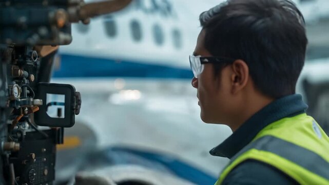 Noticing light, tech in goggles vest placing camera on panel scanning valves for check on ramp