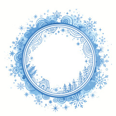 blue circle banner with snowflakes, stars and winter blizzard in watercolor style. Vector doodle card on white background with holiday winter concept symbol	