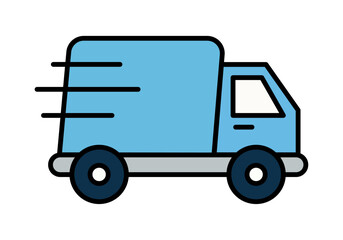 Camión de reparto azul en movimiento en fondo blanco