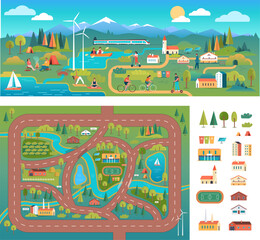 Set of maps and objects for children's game and illustration of a village with a panorama of mountains