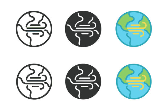 Dynamic Global Wind Map. Global wind map showing layered jetstream currents in motion, clean geometric minimal icon, first in line