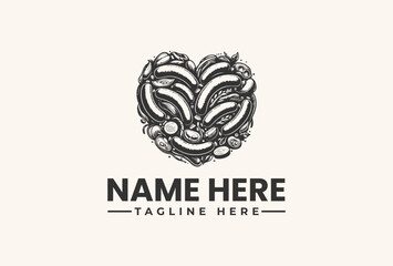 Fototapeta premium Black and white illustration of a leafy heart logo with a name and tagline on a beige background, featuring a vector design.