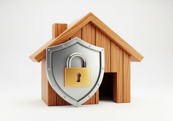 Wooden miniature dwelling protected by metallic shield featuring a golden padlock
