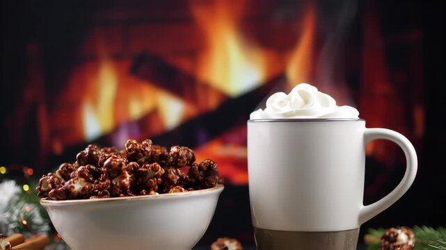 bowl of chocolate popcorn with hot chocolate
