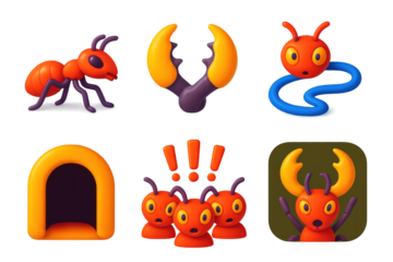 Colony Defense Icons. 3D icon set of colony defense: soldier ant, biting jaws, pheromone trail, guarding tunnel, alarmed swarm,