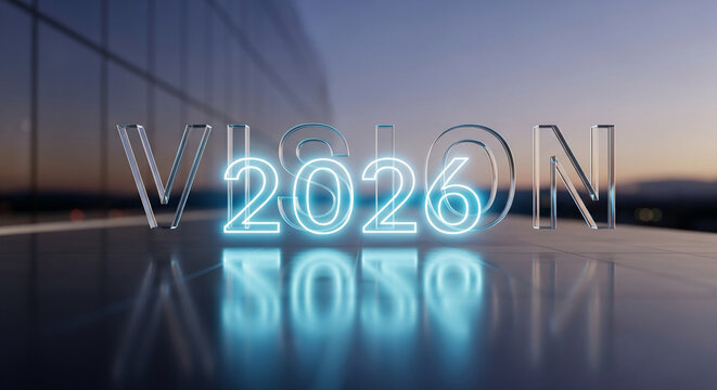 Illuminated "Vision 2026" text on a reflective surface, representing future outlook or objective against modern building at dusk
