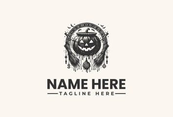 A black and white illustration of a jack-o-lantern logo with a spooky design on a beige background with placeholder text for a name and tagline in a vector style.