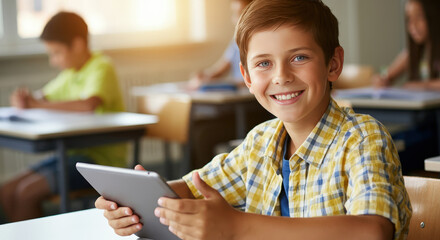 Young student engaged with tablet in a bright classroom setting