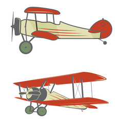 Vintage Biplane Clipart &ndash; Dual-Wing Aircraft in Red and Beige with Green Wheels, Two Styles