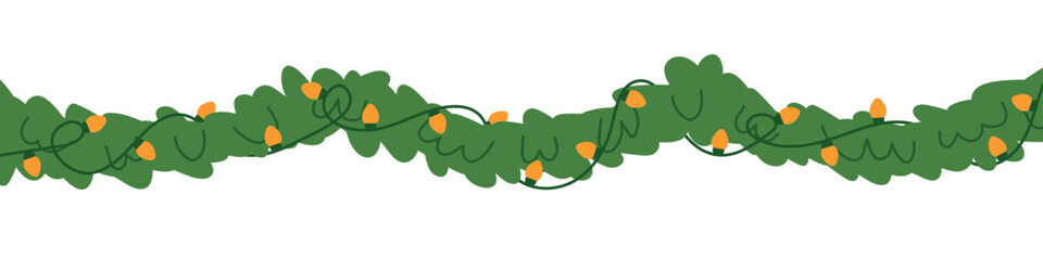 Christmas banner with a lush fir garland decorated with festive lights- vector illustration