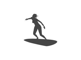 Isolated surfing girl vector icon silhouette illustration of female surfer riding wave ocean beach summer water sport lifestyle design