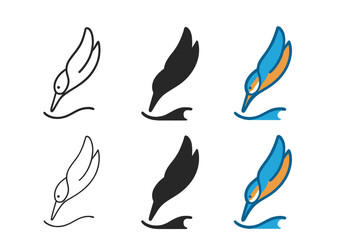 Fototapeta premium Kingfisher Dive Styles. Kingfisher River Dive, minimalist aquatic emblem symbolizing precision, motion, and vibrant focus, first