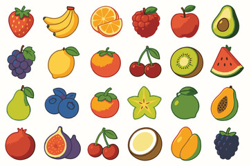 Large Collection of Colorful Hand-Drawn Fruit Icons: Healthy Organic Food Set
