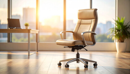 Modern office chair in sunlight highlights employment decline pattern in contemporary workspace interior with city view
