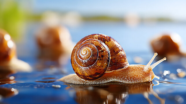 A close-up view of a snail on wet ground with a blurred background, showcasing its spiral shell and gentle movement.