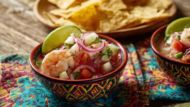 A vibrant seafood ceviche served in colorful bowls with shrimp, tomatoes, and lime, accompanied by tortilla chips on a rustic wooden table, evoking a lively dining atmosphere