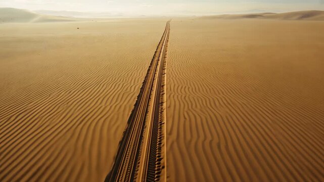 Starting drone camera tracking pair of parallel tire ruts across desert, showing sand ripples