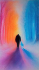 Fototapeta premium Serene Journey: Silhouette of person walking a canine companion down a path amidst a vibrant spectrum of colors in a forest setting. A moment of peaceful solitude.