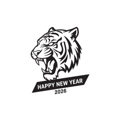 Happy New Year 2026! Roaring Tiger Head Mascot Vector Logo Black and White
