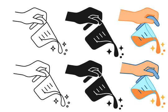 Stylized Liquid Measurement. Hand using measuring cup with animated liquid pour and spark lines, first in line style with thin