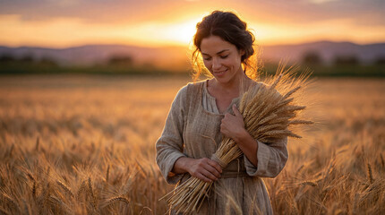 Biblical Ruth holding wheat sheaves in a golden field at sunset. Historical concept of gleaning, loyalty, harvest and faith in ancient times.