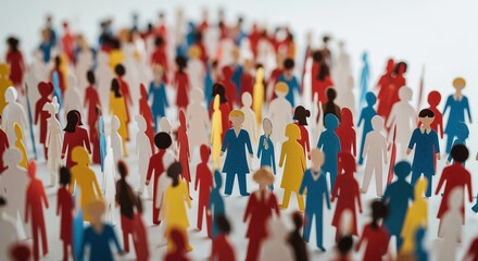 Colorful paper cutout figures in red, blue, yellow, and white stand together representing diversity and community. Perfect for social topics, teamwork concepts, or population themes.