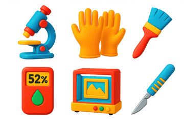 Conservation Lab Icons. 3D icon set of conservation lab: microscope, gloves, brush tool, humidity meter, light box, precision