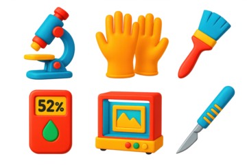 Conservation Lab Icons. 3D icon set of conservation lab: microscope, gloves, brush tool, humidity meter, light box, precision
