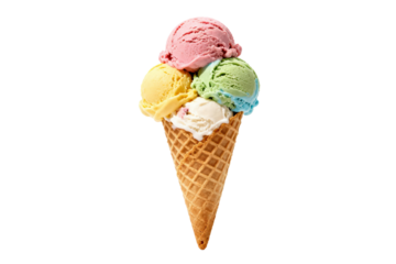 Colorful ice cream scoops in a waffle cone for a delicious treat