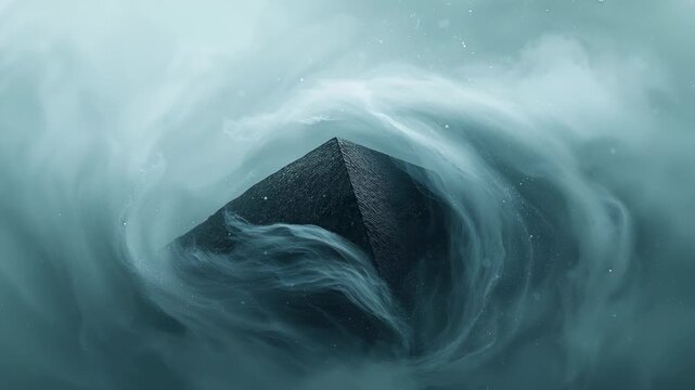 Forming teal gray vortex, swirling fog revealing central stone pyramid in mist filled void