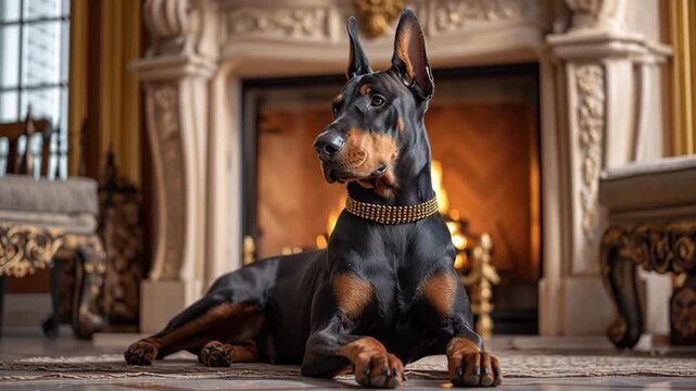 doberman sitting by fireplace