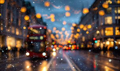 busy festive city street at night featuring warm lights and a double decker bus