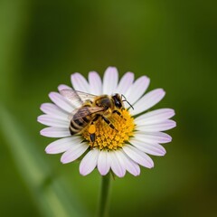 Obraz premium Honeybee gathering pollen on a delicate daisy blossom in tranquil natural light capturing the