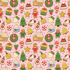 Festive Christmas Gingerbread Cookies on Pink Vector Seamless Pattern Design