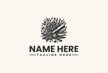Black and white illustration of a logo with a bird surrounded by leaves and flowers, accompanied by placeholder text on a beige background.