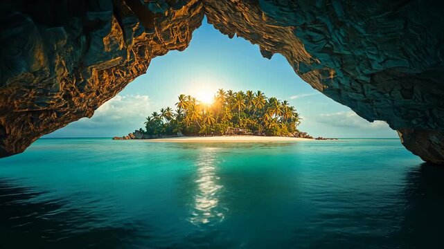 Pulling camera outward from cave to capture sunrise, revealing sunlit tropical island with palms
