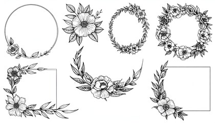Black and white floral line art, featuring various frame shapes and botanical elements