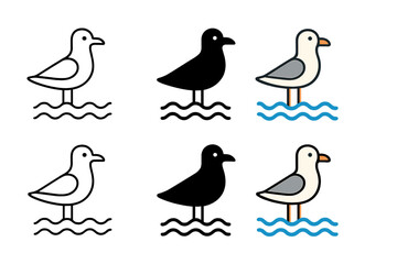 Obraz premium Seagull Art Styles. Seagull Sky Wave first in line style with thin outline, second in solid style filled shape, third in flat