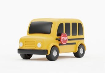 Three dimensional cartoon rendering of a yellow transportation vehicle with a stop sign on a white background