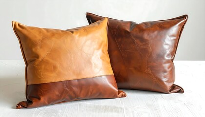 Two Leather Decorative Pillows, Brown and Tan.